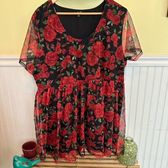 Delia's 2X Roses babydoll top sheer layered flowy Black red Plus size - Picture 1 of 5